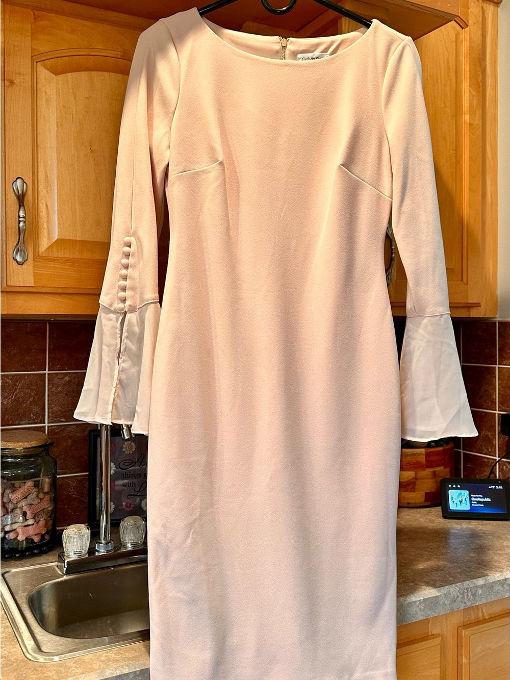 Calvin Klein Blush Pink Long-Sleeve Sheath Dress with Bell Cuffs